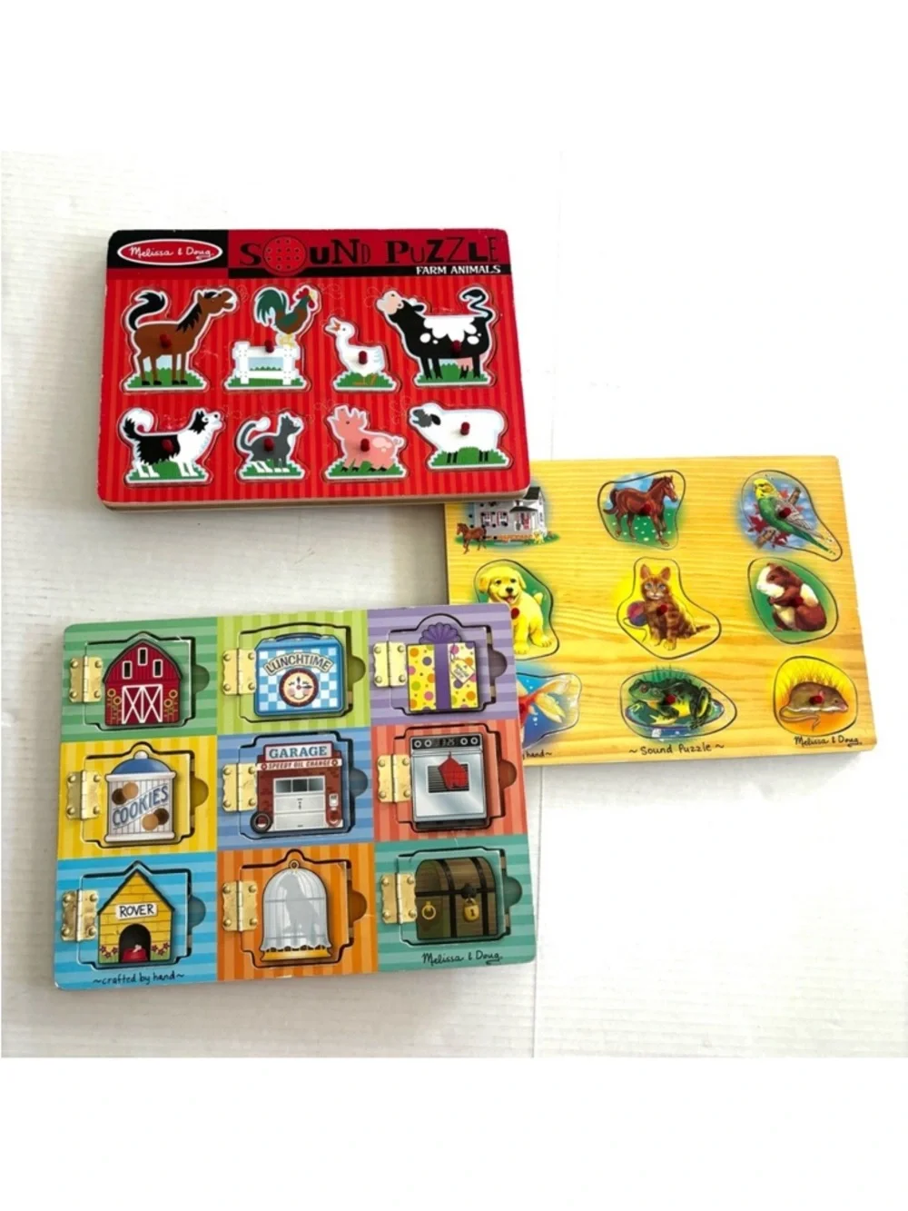Melissa & Doug Wooden‎ Puzzles Bundle of 3 Hide & Seek Farm Sounds Hinged Doors